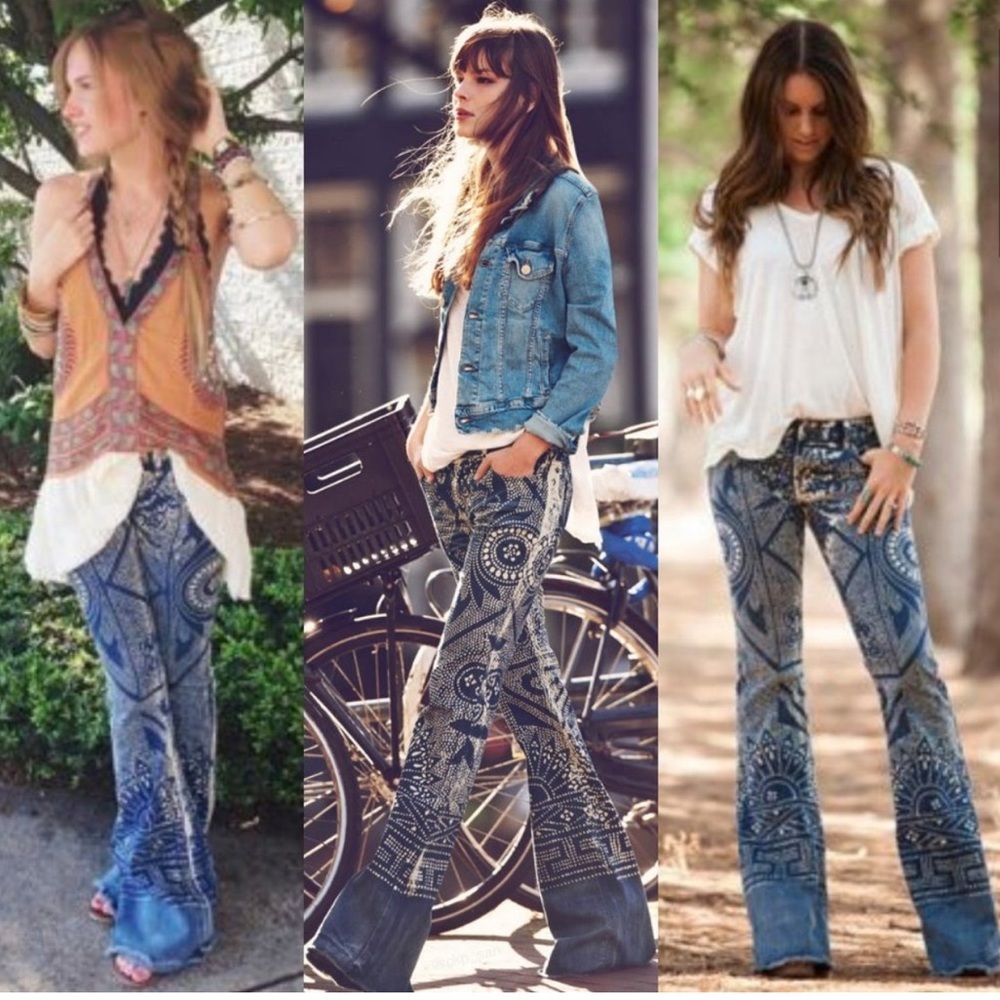Free People RARE Bali Discharge Frayed Raw Hem Bell Bottom Flare Jeans